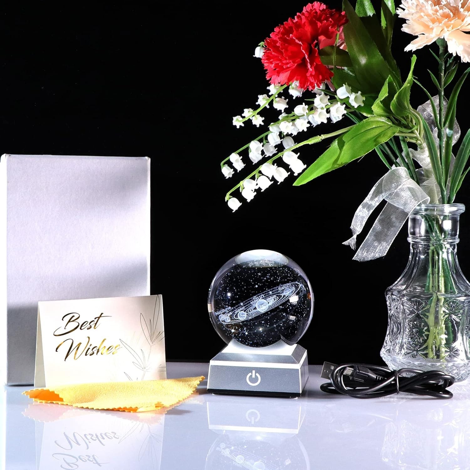 Exquisite K9 Crystal Solar System Model with Colorful LED Touch Lighting