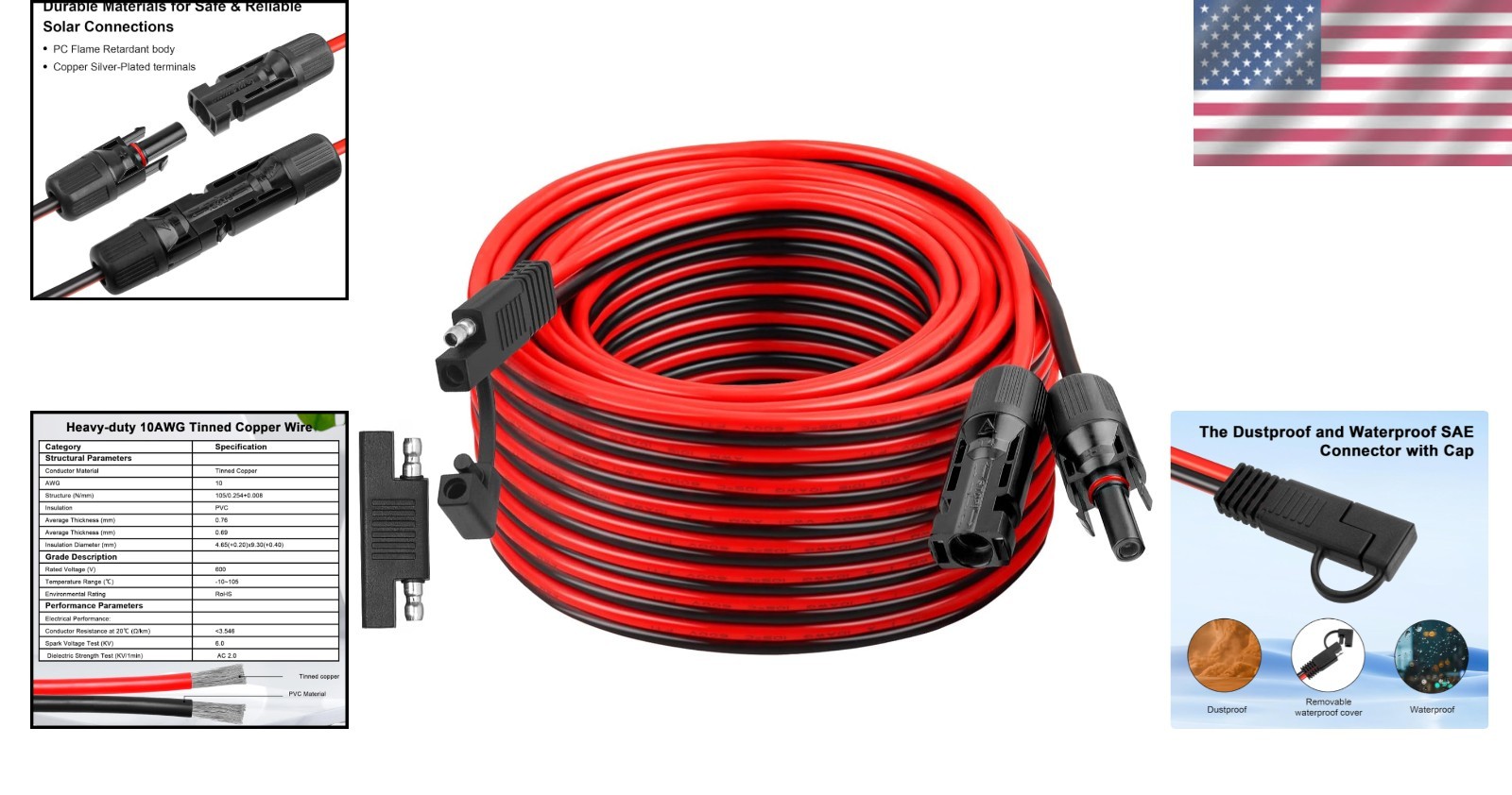 High-Voltage Solar Panel Connector Cable 50FT