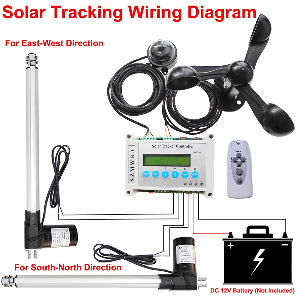 6000N Complete Dual Axis Solar Track Tracker 12″ Linear Actuators Anemometer Kit