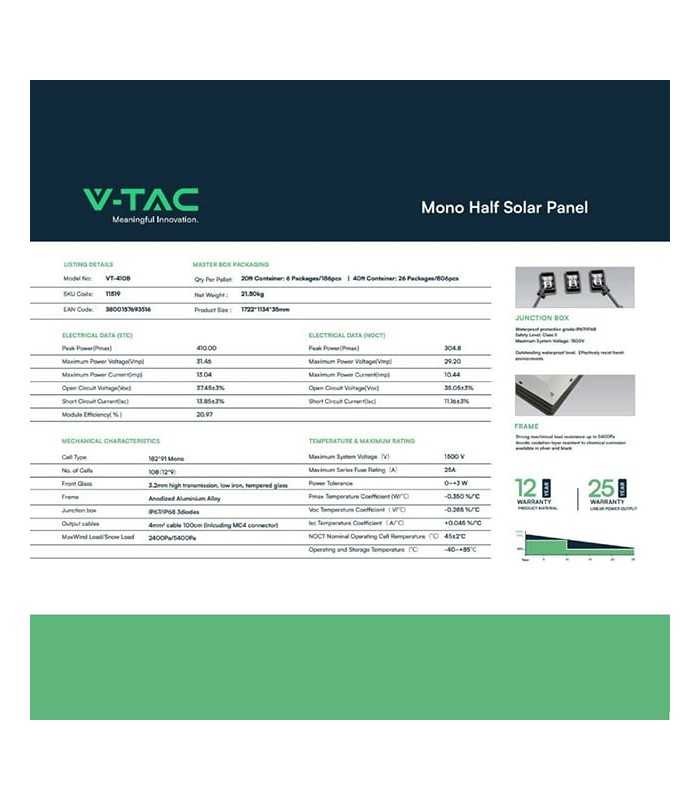 V-Tac 12.7 kW Solar Photovoltaic Panels 410W 108 Cells IP68 Frame Black