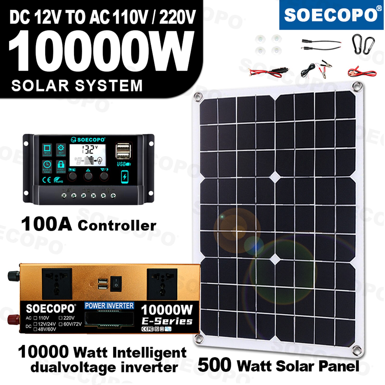 10000W Solar Kit 500W Panel 100A MPPT Controller DC Cable 12V/24V to 220V/110VTs