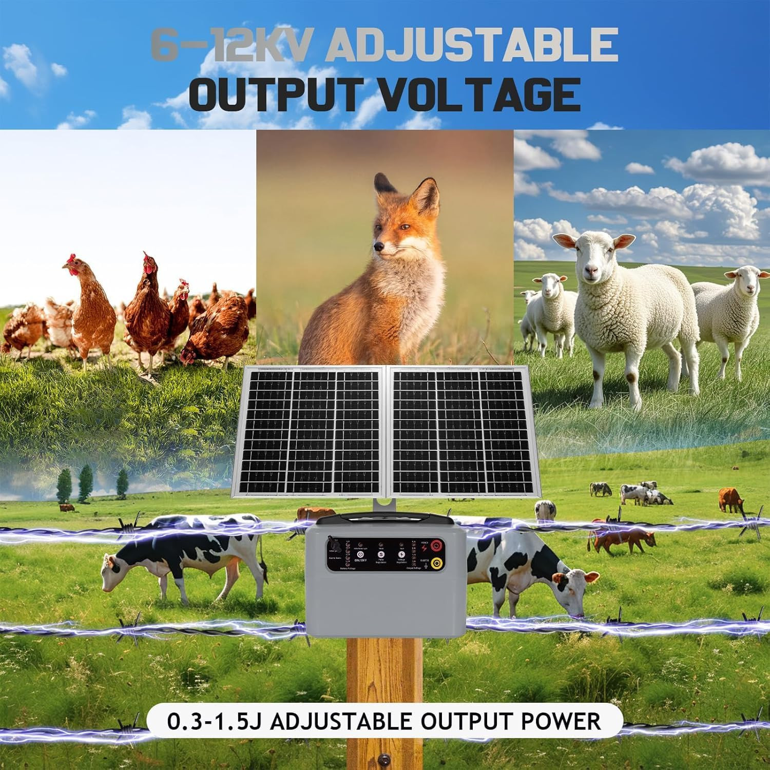 15W Solar Fence Charger,6-12Kv Adjustable Output Solar Charger,1.5J,30 Miles Ran