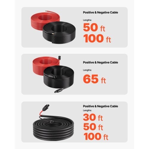 VEVOR Solar Panel Wire 10 AWG 100 ft Red Black Extension Cable PV Copper IP67
