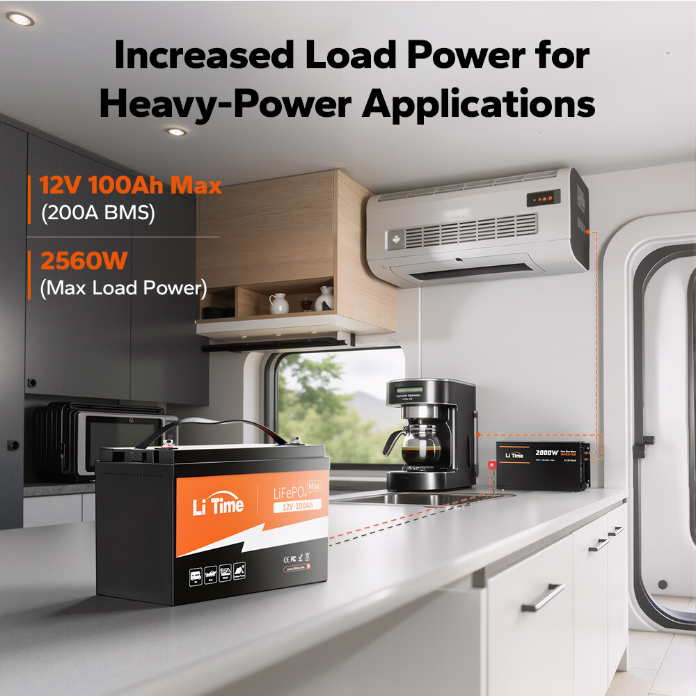 LiTime 12V 100Ah Max LiFePO4 Lithium Battery 200A BMS 2560W For RV Solar Off-Gri
