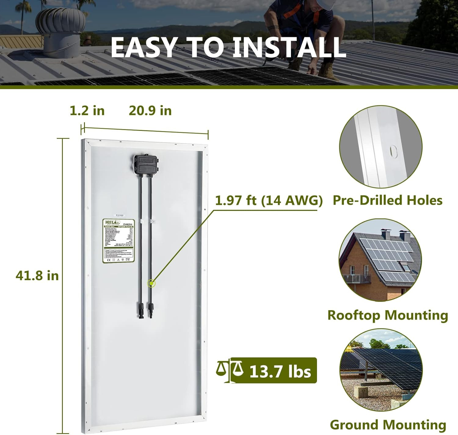 HQST 2Pcs 100W 12V Monocrystalline Solar Panel, up to 25% High Efficiency Module