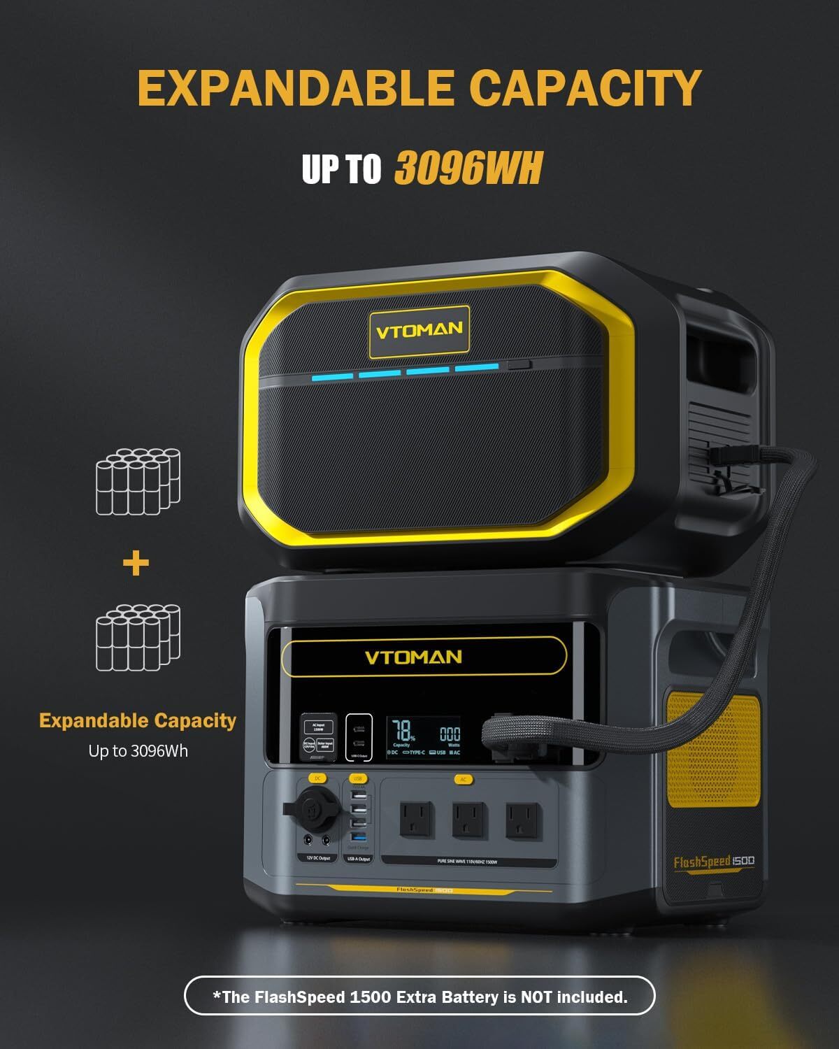 VTOMAN FlashSpeed 1500 Power Station With Extra Battery 3096Wh Solar Generator