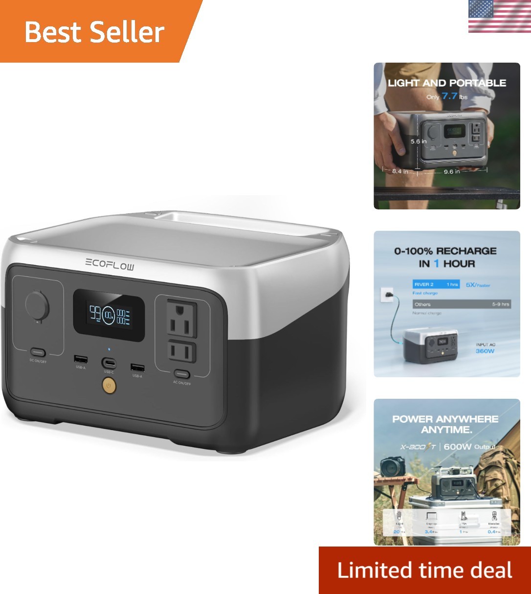 256Wh LiFePO4 Portable Power Bank – Quick 1 Hour Charge with 600W Outlets