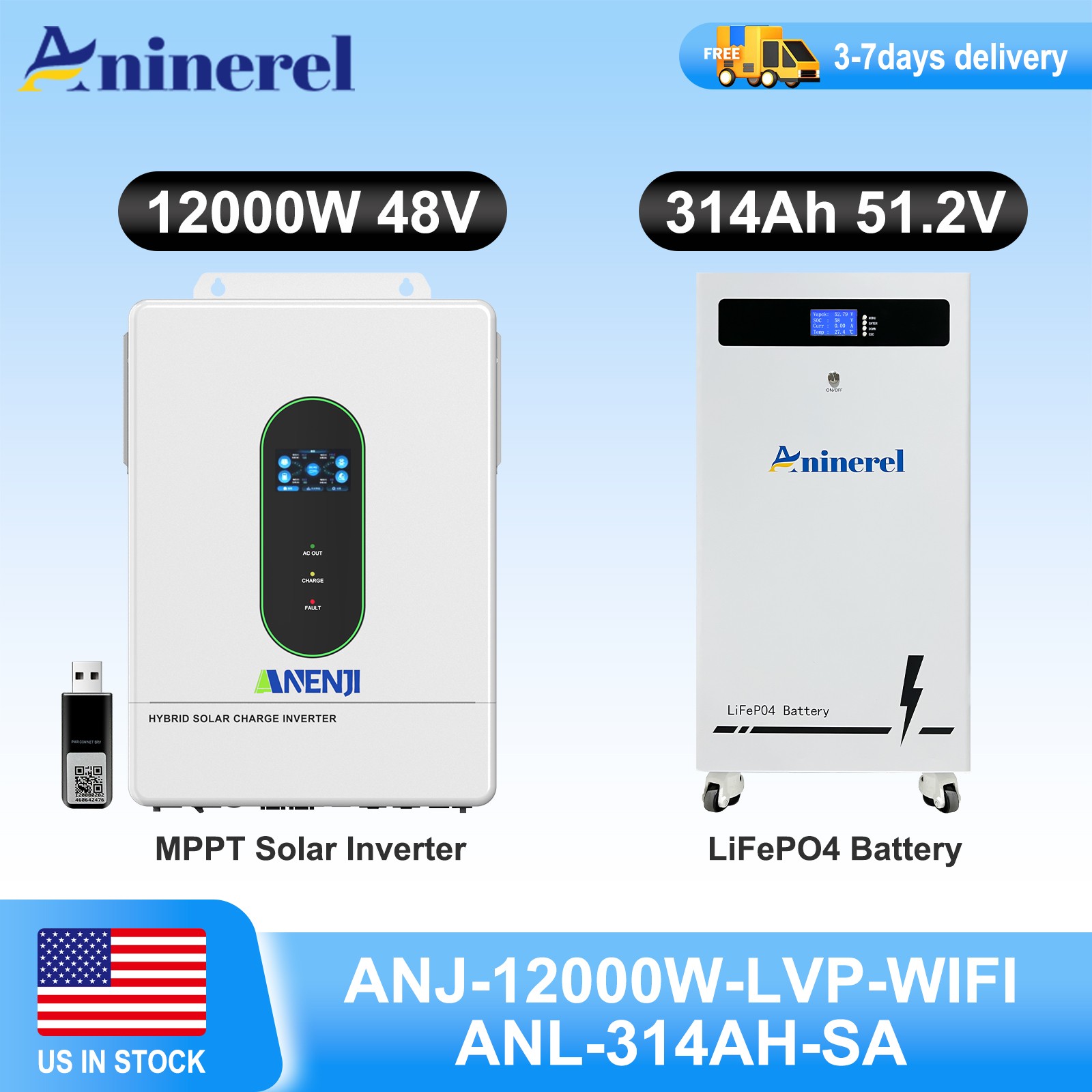 16kWh 48V 314AH LiFePO4 Battery + 12000kw 48V Solar Hybrid Inverter 120V/240V