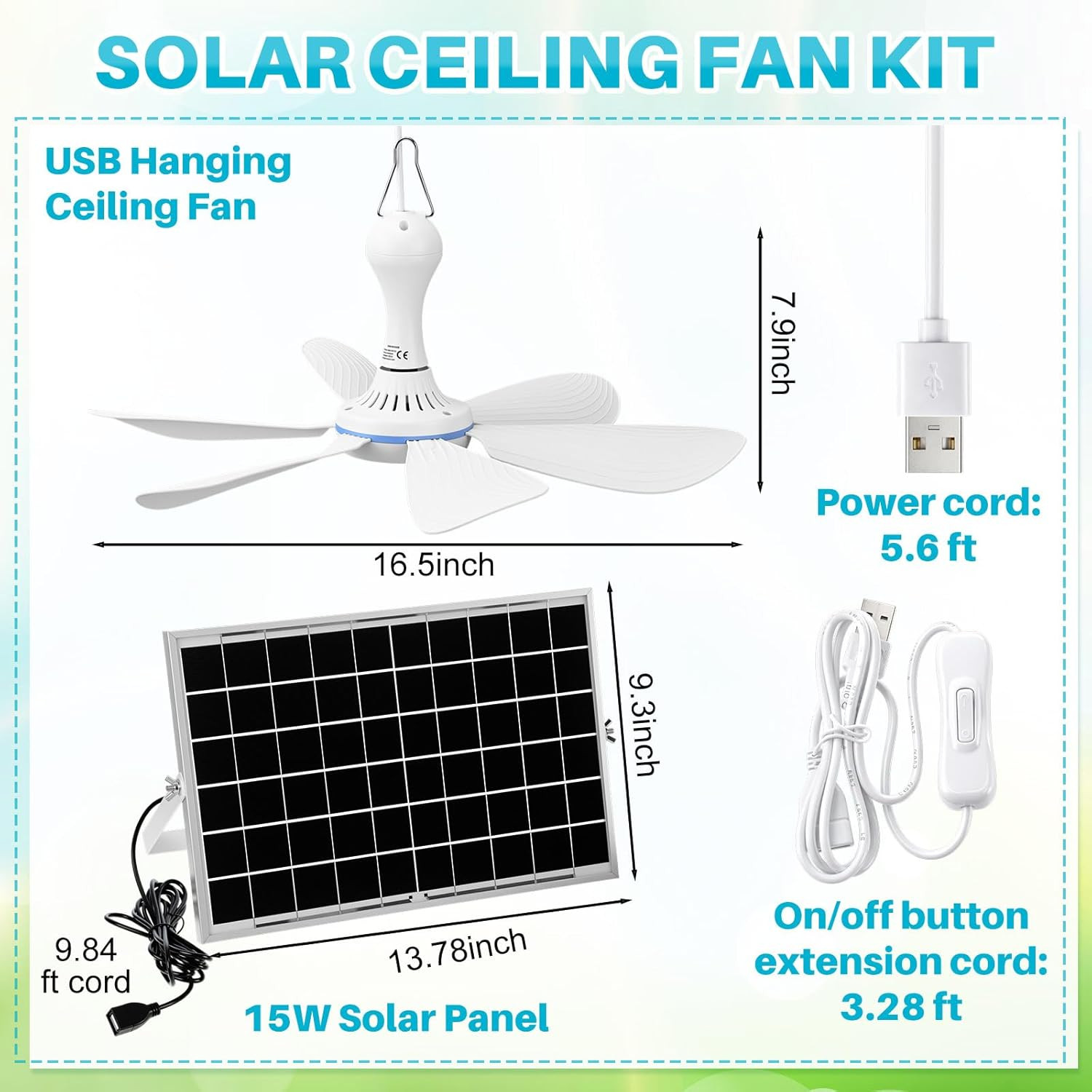 Solar Powered Ceiling Fan Kit – 15W USB Hanging Fan for Outdoor Use