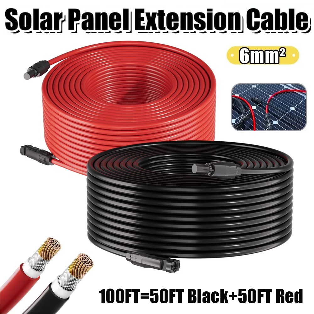 100FT 10 AWG Solar Panel Extension Cable PV Wire Solar Connectors Pair 6mm²