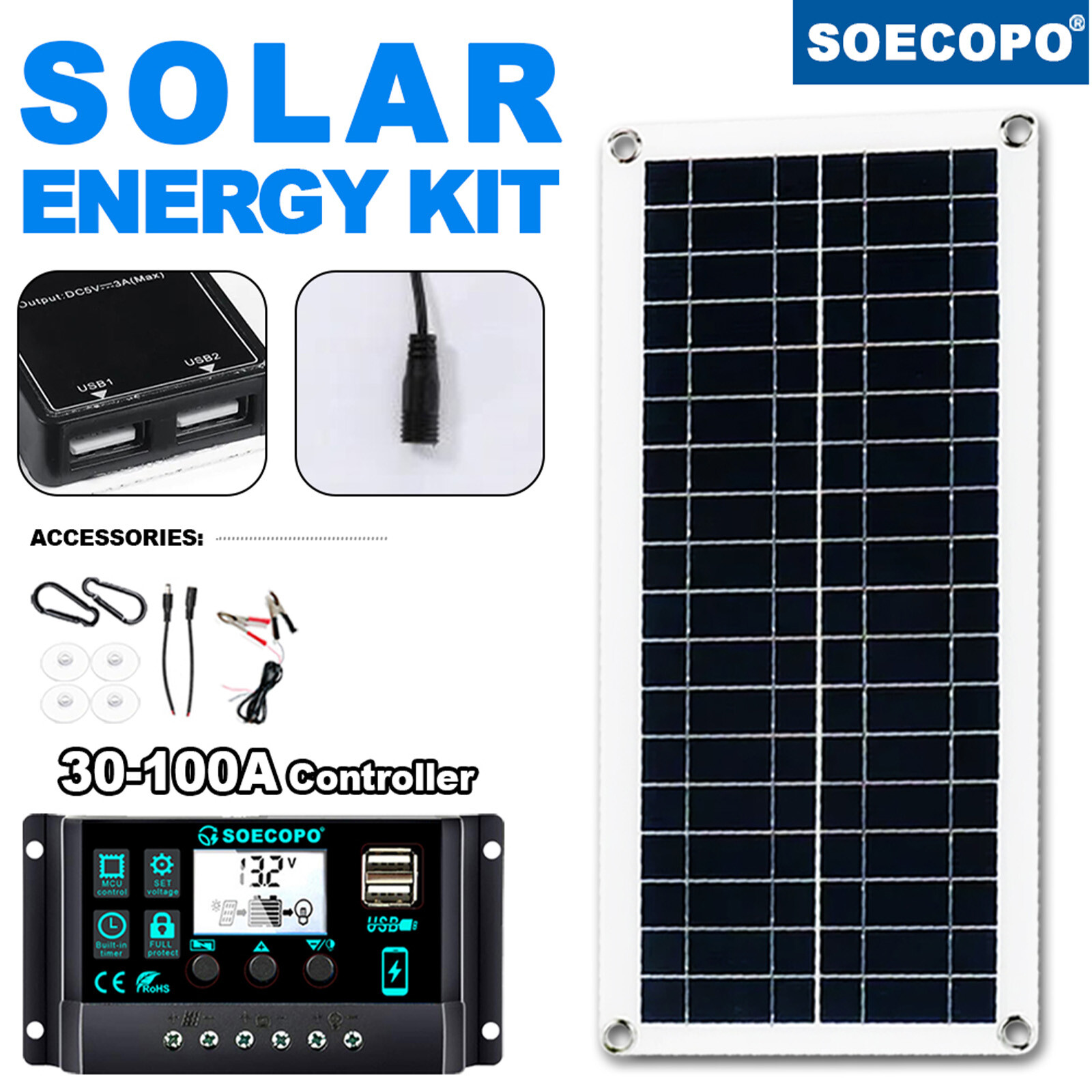 Solar Panel Kit 10A-100A Controller 12-18V Battery Charger Dual USB Caravan Boat