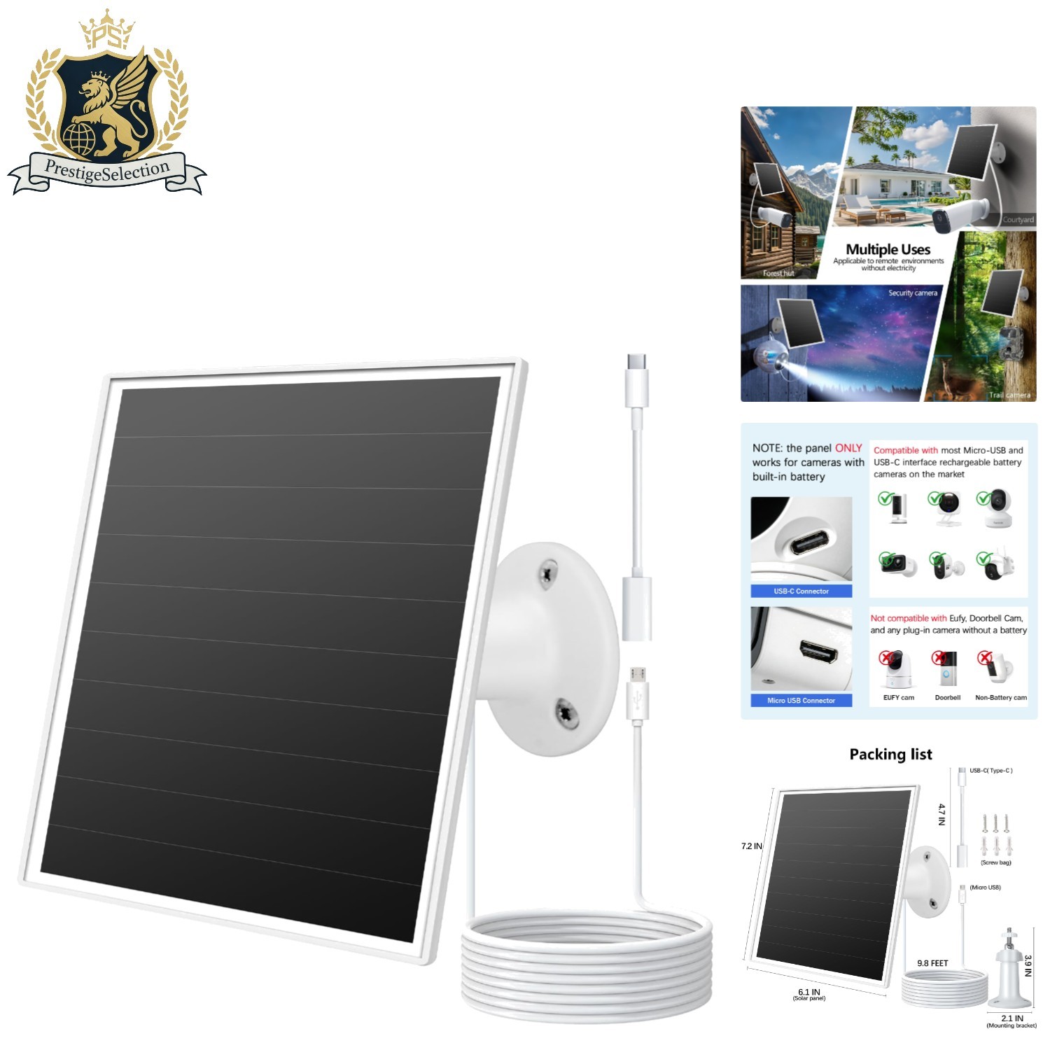 High Efficiency 6W Solar Panel for Wyze/Reolink Cameras – 360° Adjustable Mount