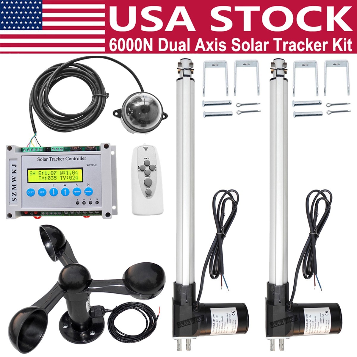 6000N Dual Axis Solar Tracker 18″ Linear Actuators 12V Controller Sun Track Kits