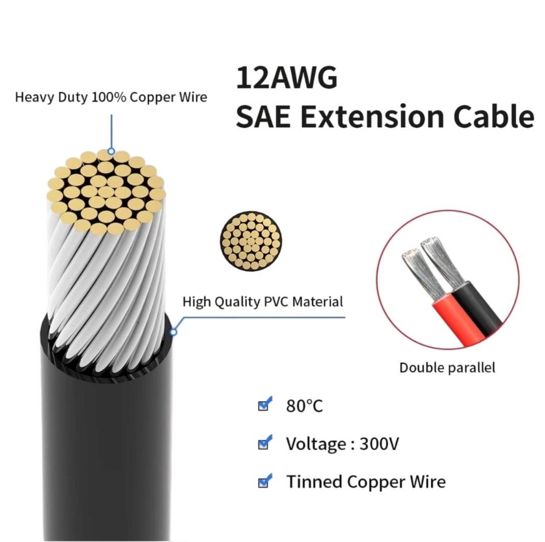 SAE Extension Cable 12AWG 3FT for Battery, Solar Panel, Automotive Use