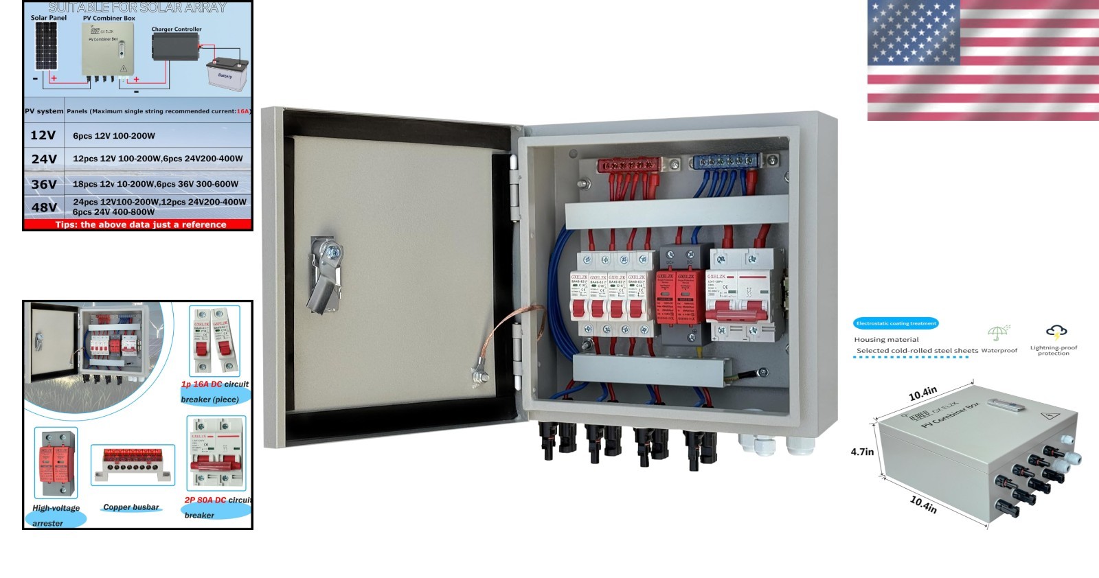 Durable 4-String Solar Combiner Box with 80A Circuit Breakers for Off-Grid Use