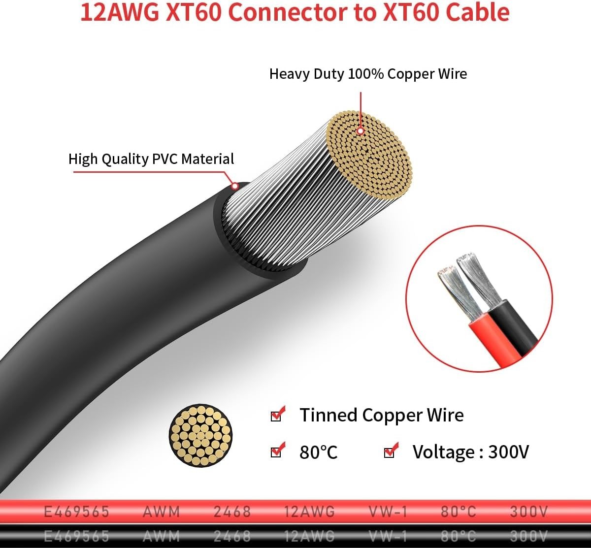 Durable 75ft XT60 Extension Cable: 12AWG Tinned Copper, Wide RC Application