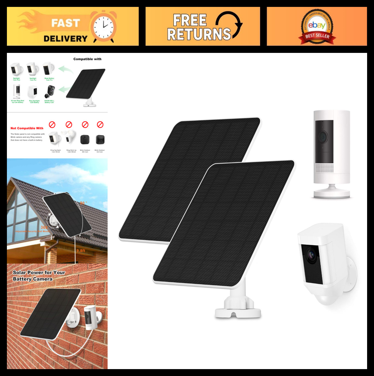 5W Solar Panel Charger for Ring & Wyze Cameras, 9.8ft Cable, IP65 Waterproof, 2