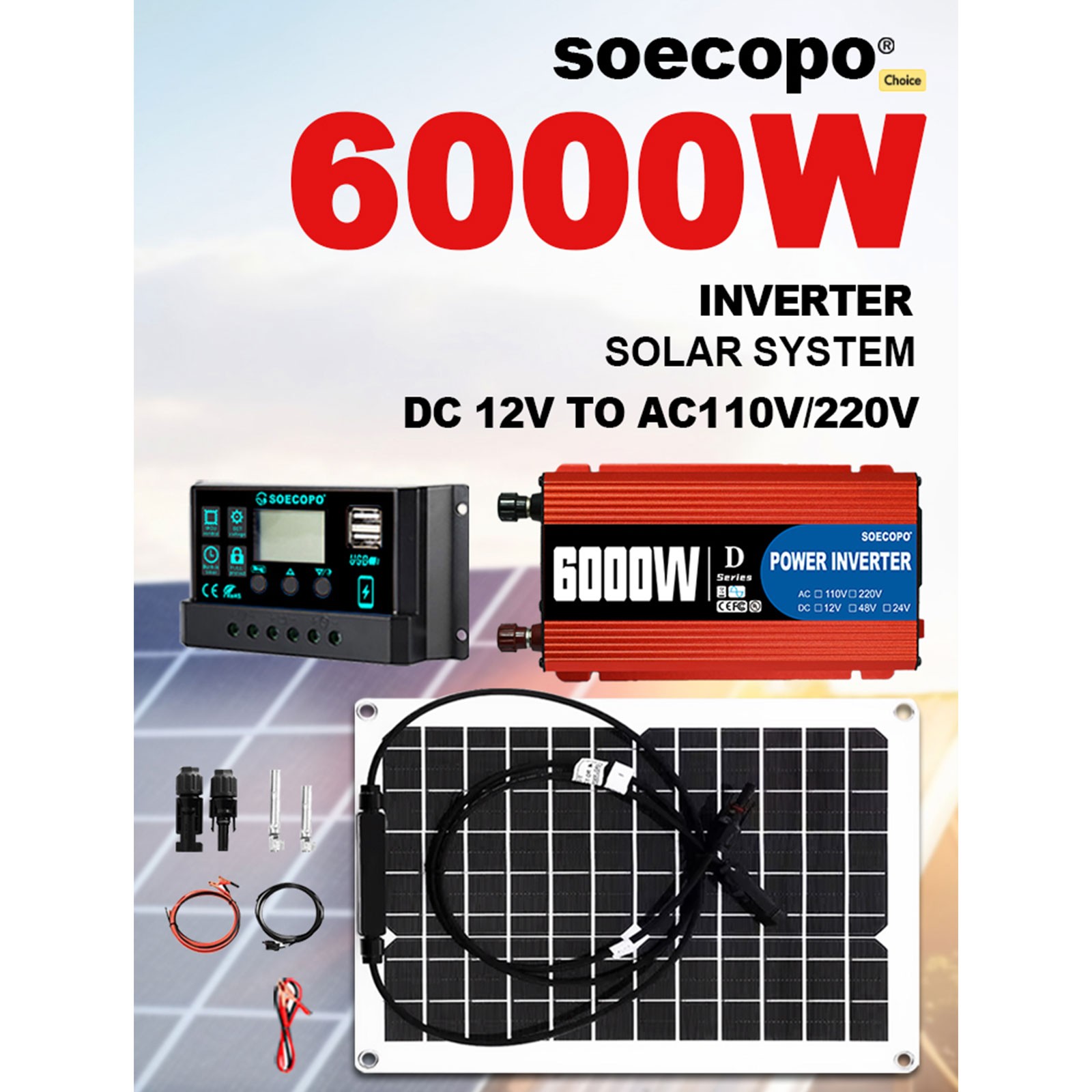 SOECOPO 6000W Solar System Complete Kit,12V DC to 110V/220V AC Inverter FlexibCP