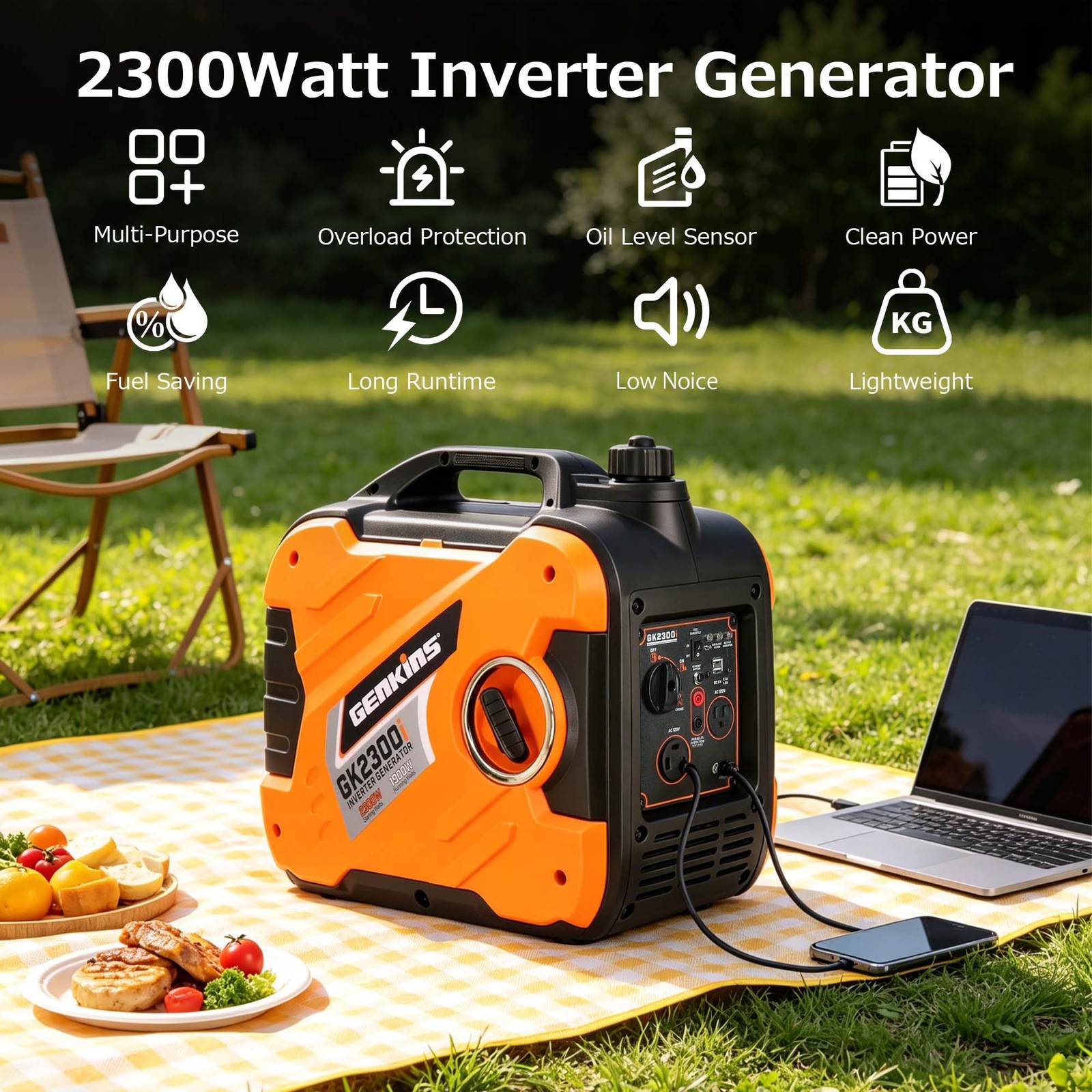 GENKINS 2300 Watt Portable Inverter Generator Gas Powered Ultra Quiet for RV …