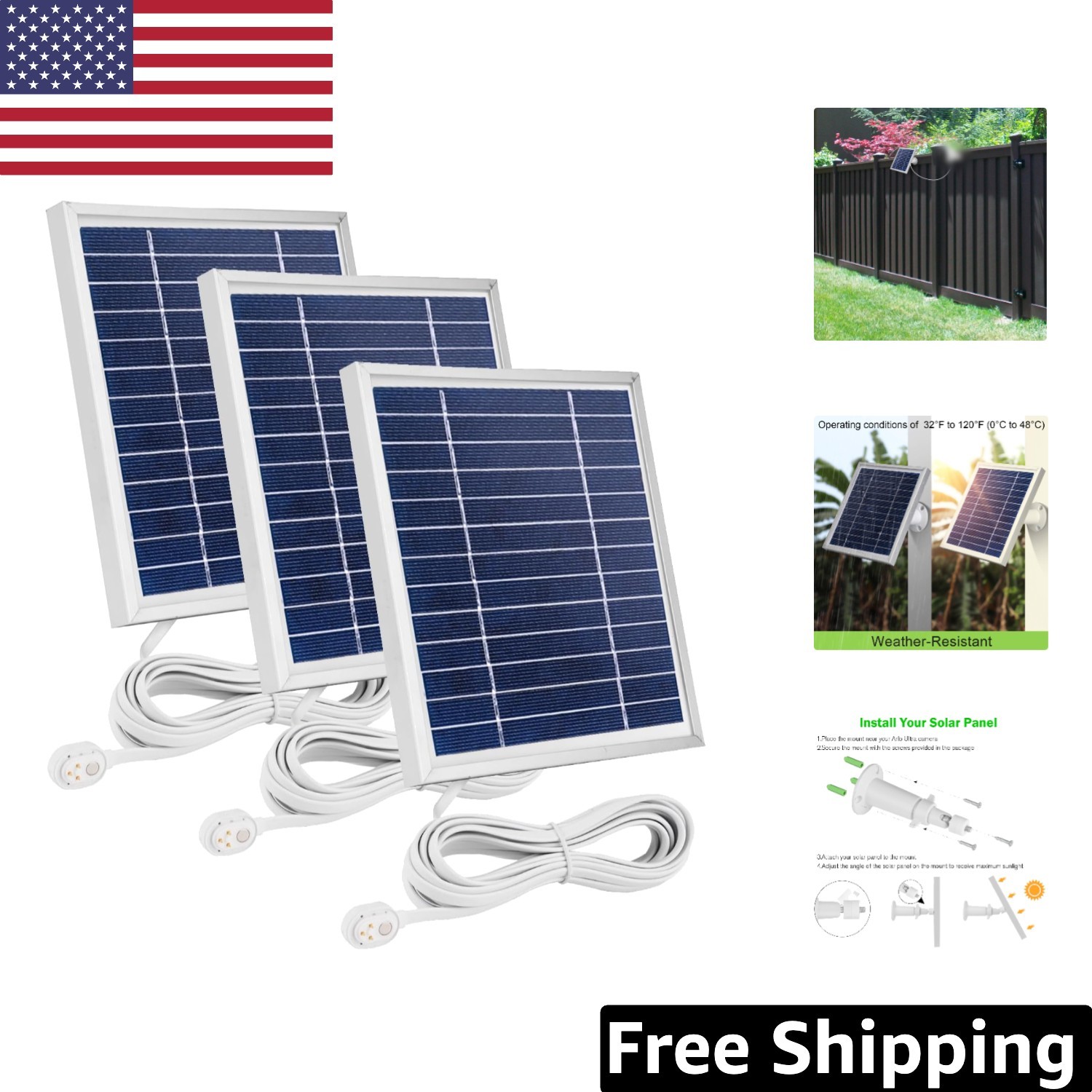 Arlo-Compatible 3 Pack Solar Panel with 11.5ft Magnetic Cable – Ultra Efficient