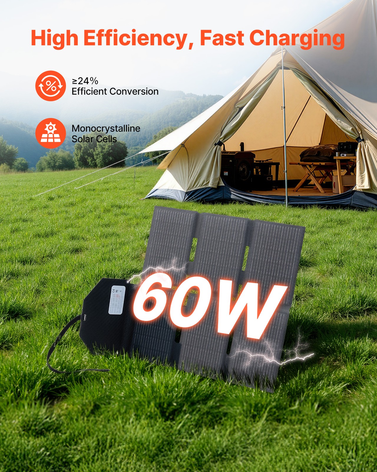 VEVOR 60W Foldable Solar Panel Charger Portable Monocrystalline Solar Panel