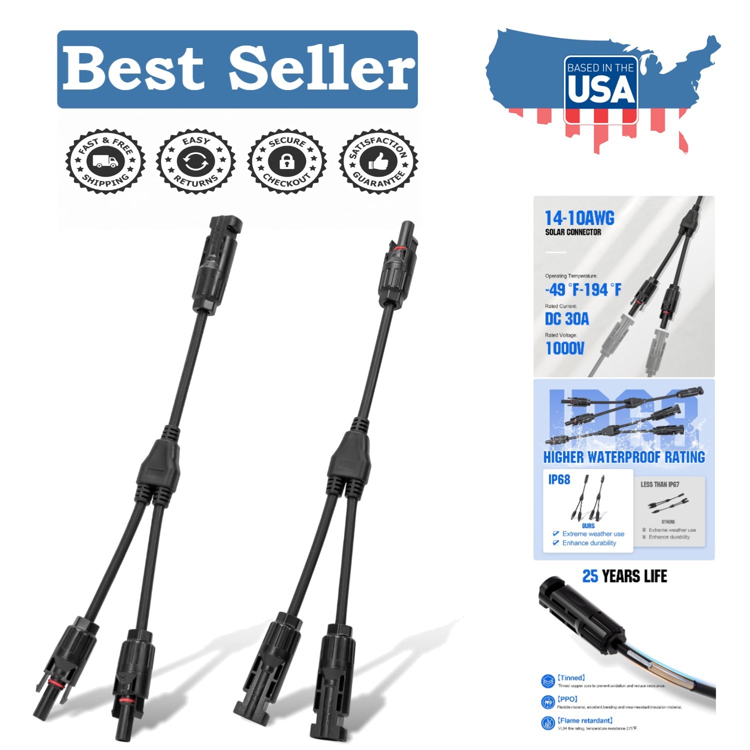 Waterproof Solar Connector Kit – 30A Y Branch Parallel Adapter for Panels