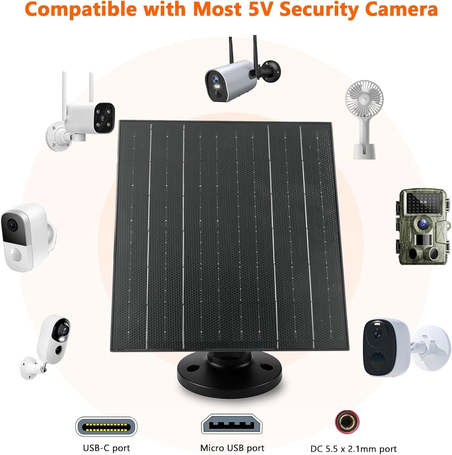 10W Solar Charger 5V Solar Panel for Security Cameras with USB-C/Micro USB/DC