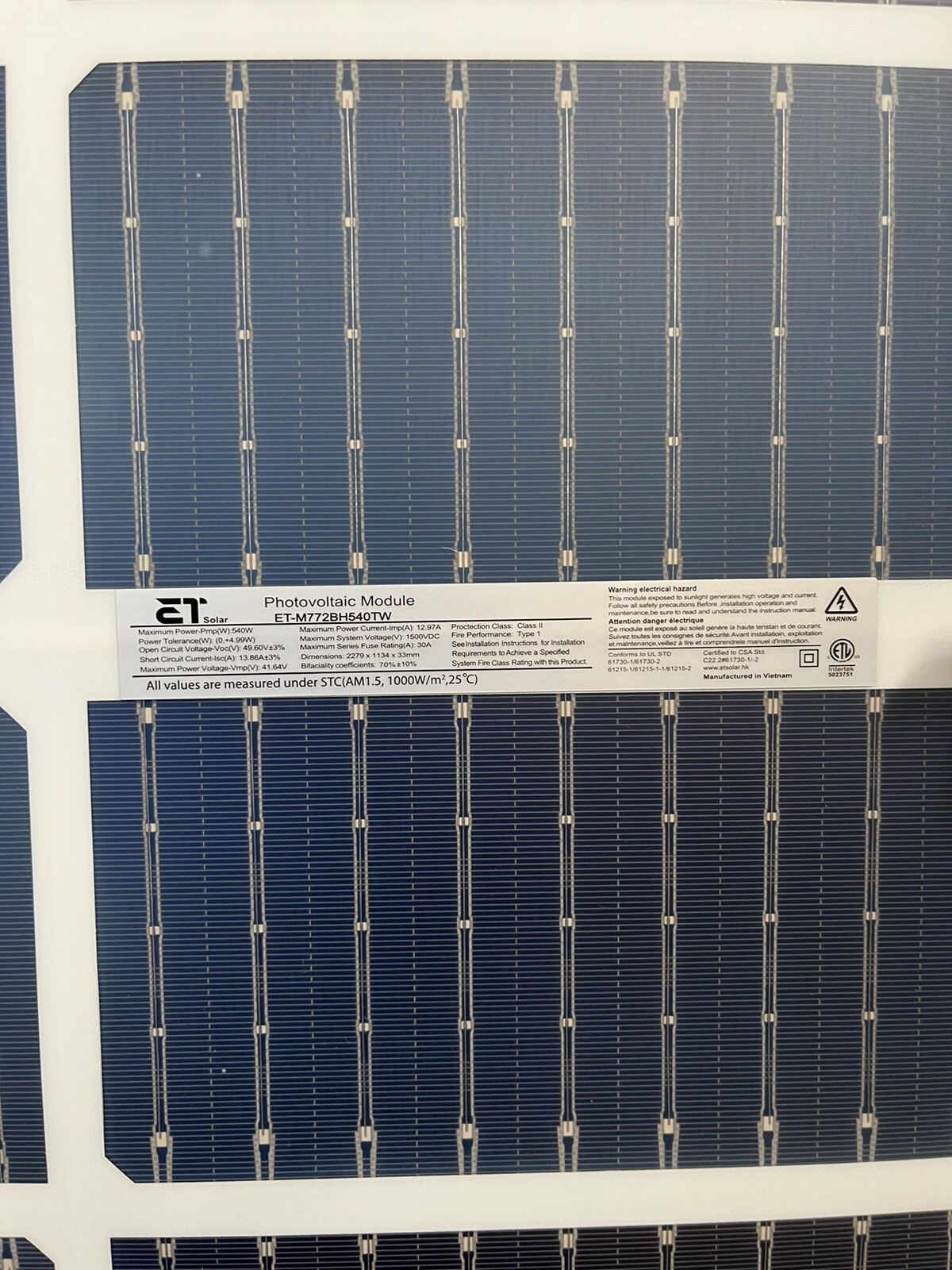 NEW 540 WATT ET SOLAR ET-M772BH540TW SOLAR PANELS