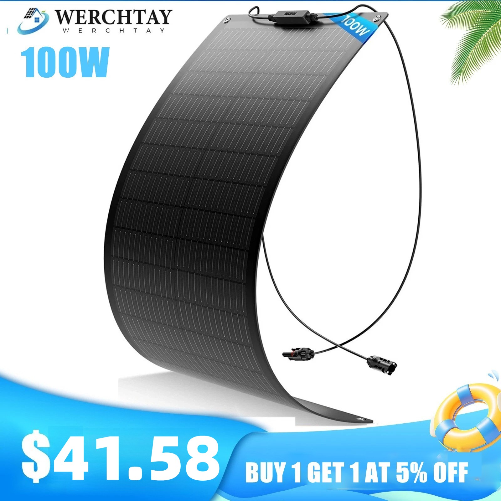 100W Flexible Solar Panel 12V Portable for Camping/RV/Home/Car Battery/Rooftop