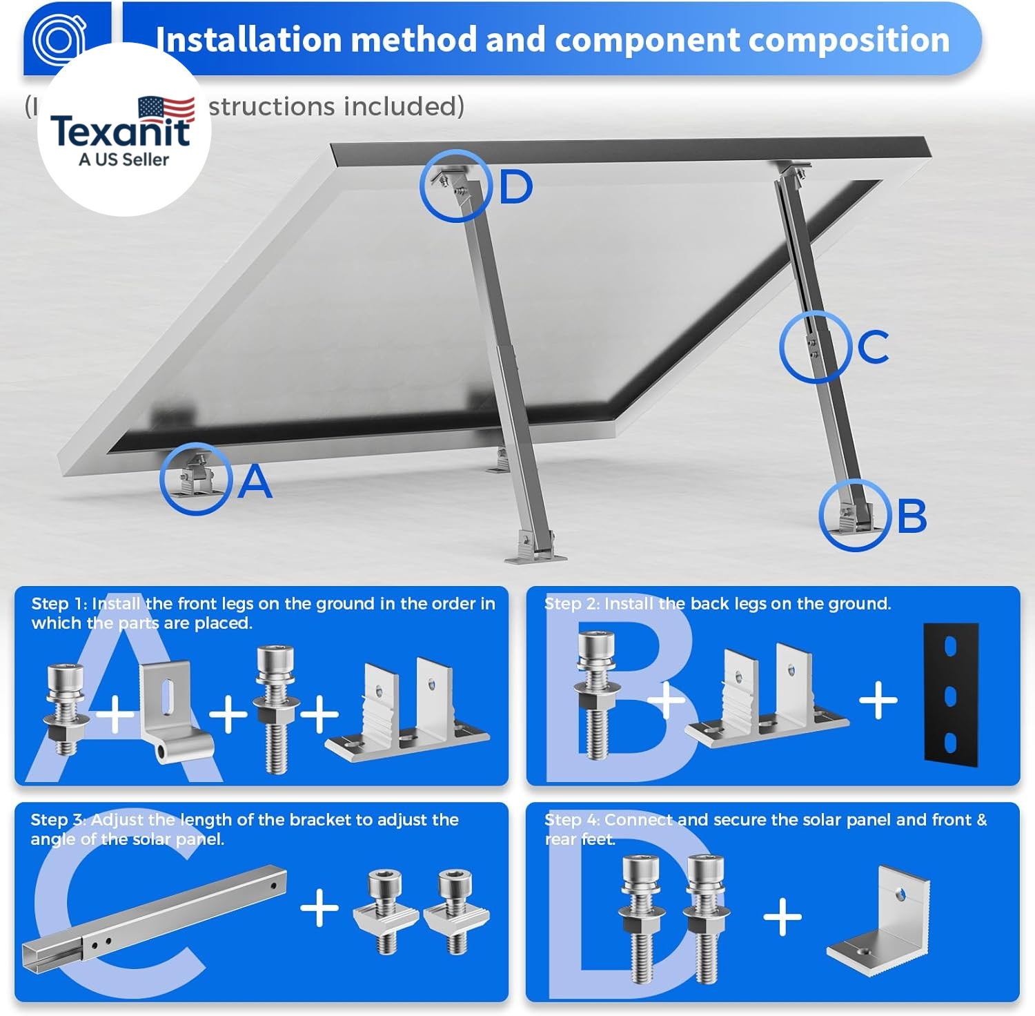 2 Set Adjustable Solar Panel Tilt Mount Brackets Aluminum Alloy Mounting Bracket