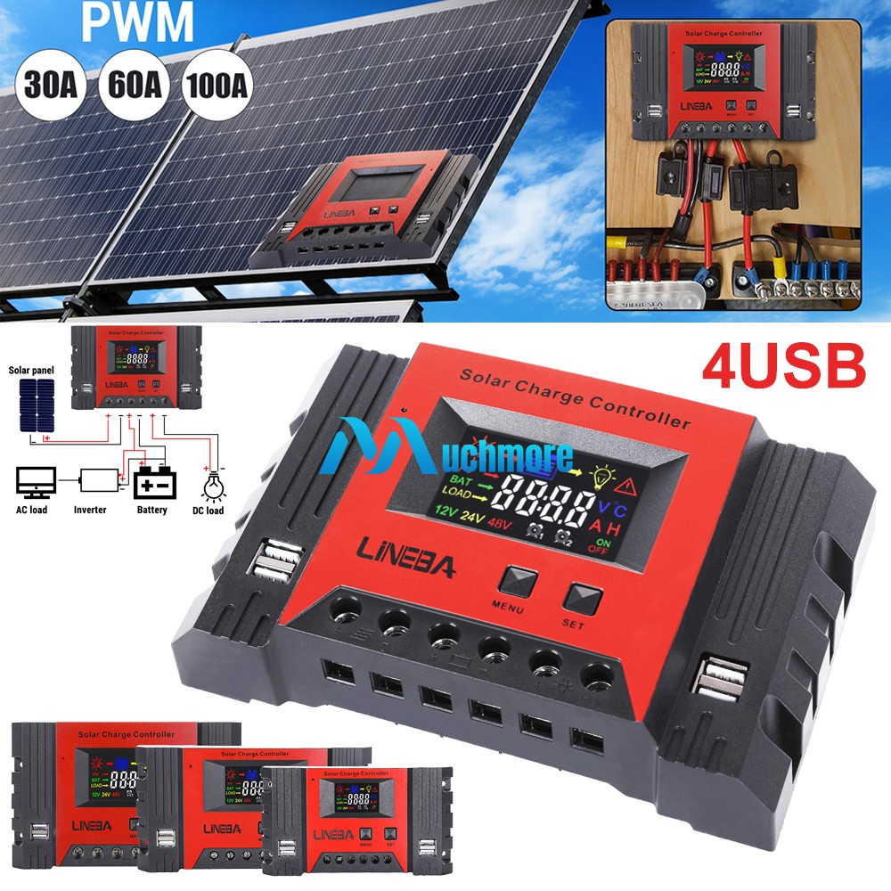 30/60/100Amp PWM Charge Controller 12V 24V 36V 48V Auto MAX 150V 5200W Input LCD