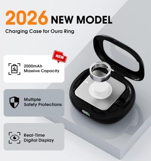 Charging Case for Oura Ring Gen 4 & 3 Charger, 2000mAh Portable Travel Black