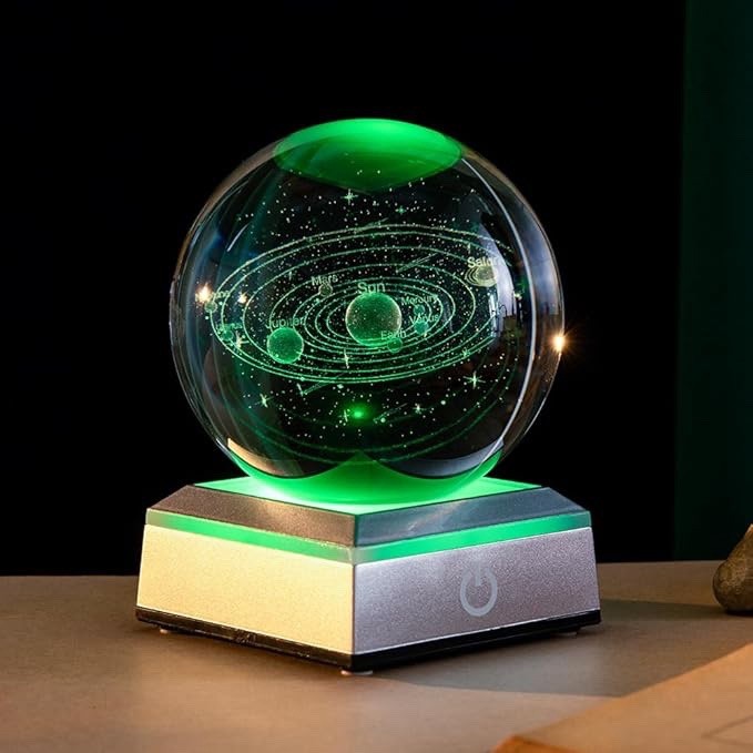 3D Solar System Crystal Ball 3.15” with LED Light Base – Educational Night Light