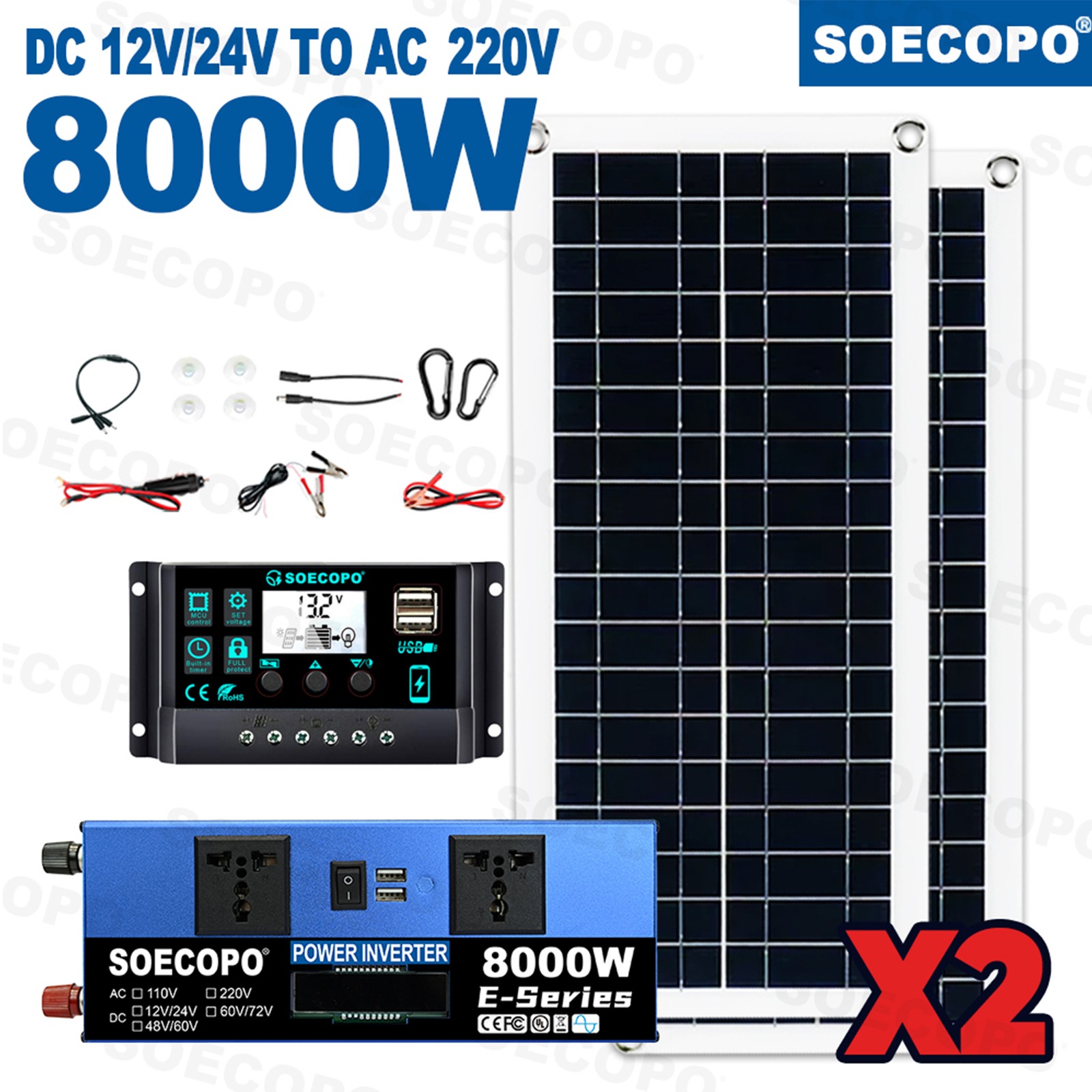 8000W Solar Power Kit Inverter, 2pcs 200W Solar Panels & 100A Controller