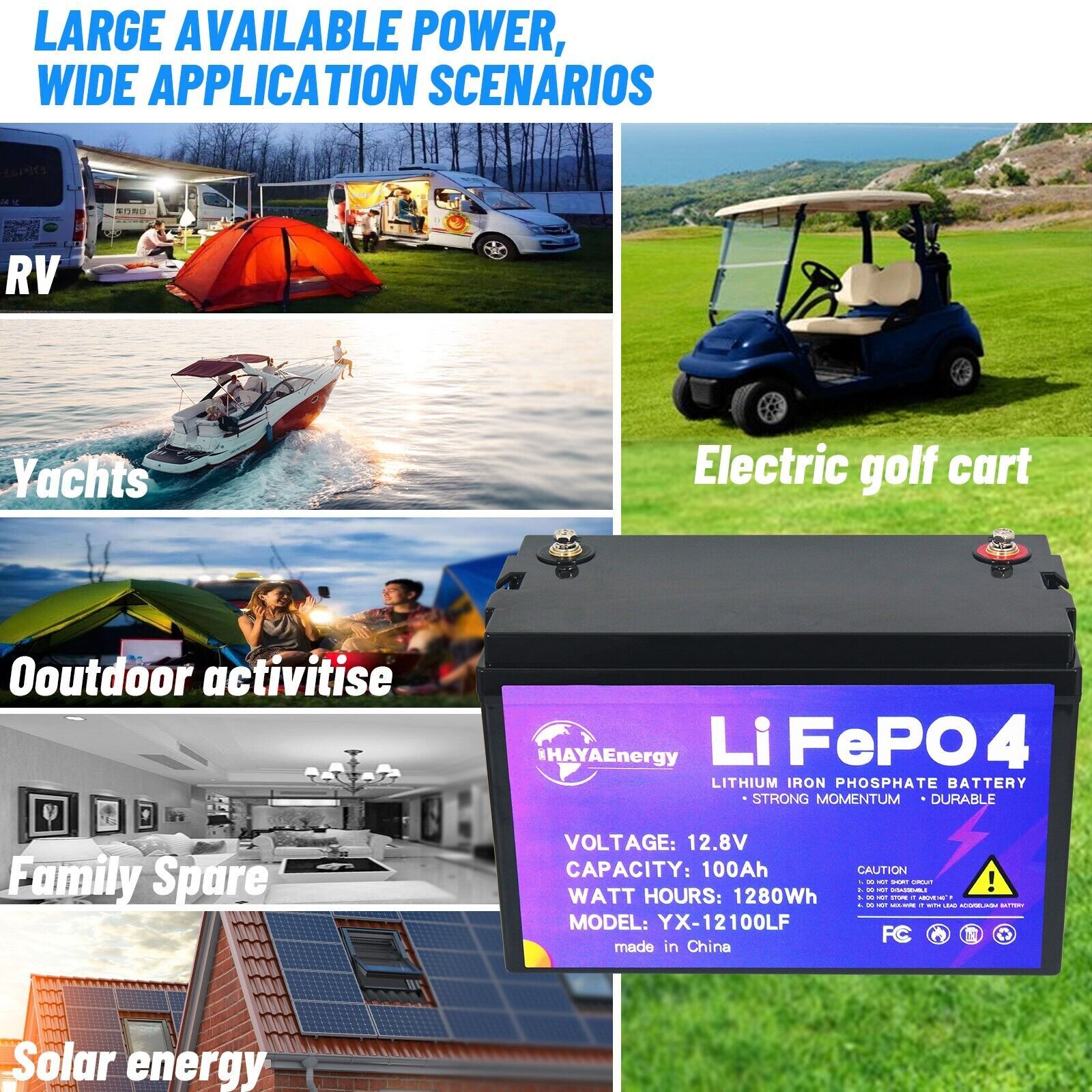 12V LiFePo4 100Ah Lithium Golf Cart Battery for RV Deep Cycles Solar System