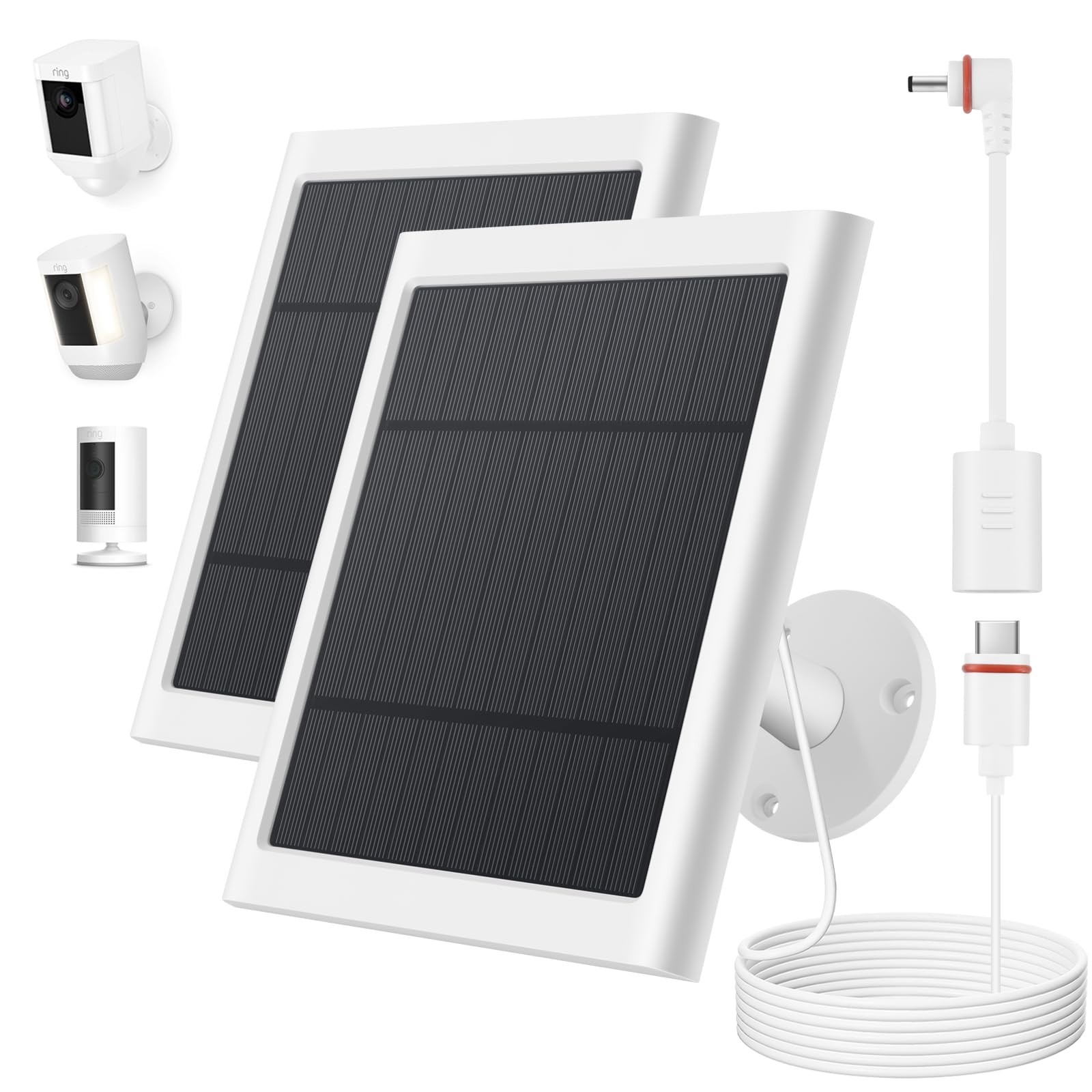 Paodekua White Solar Panel for Ring Camera 2 Pack with USB-C Barrel Plug Adapter