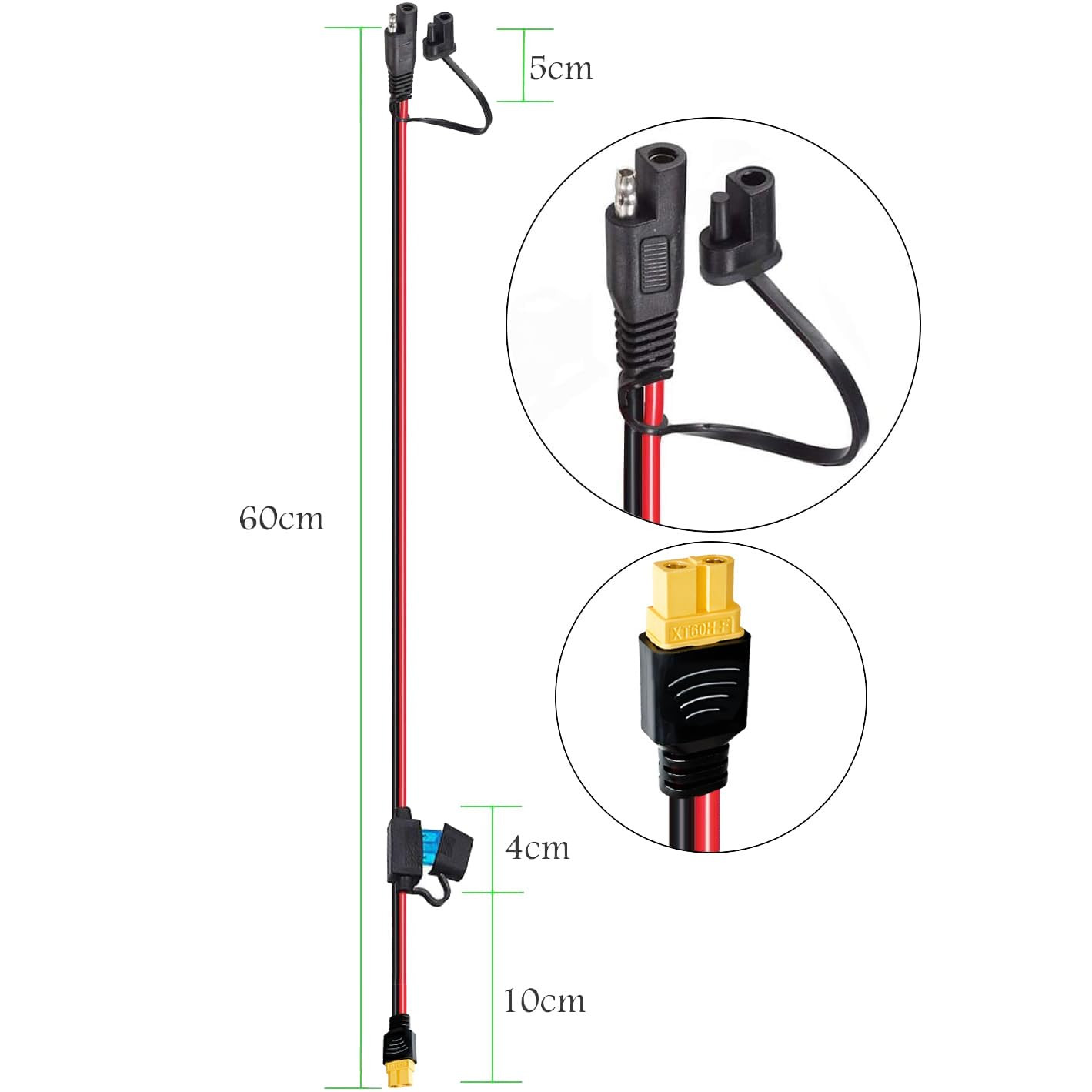 10AWG SAE to XT60 Connector Extension Cable,With 15A Protection Fuse for Safety,