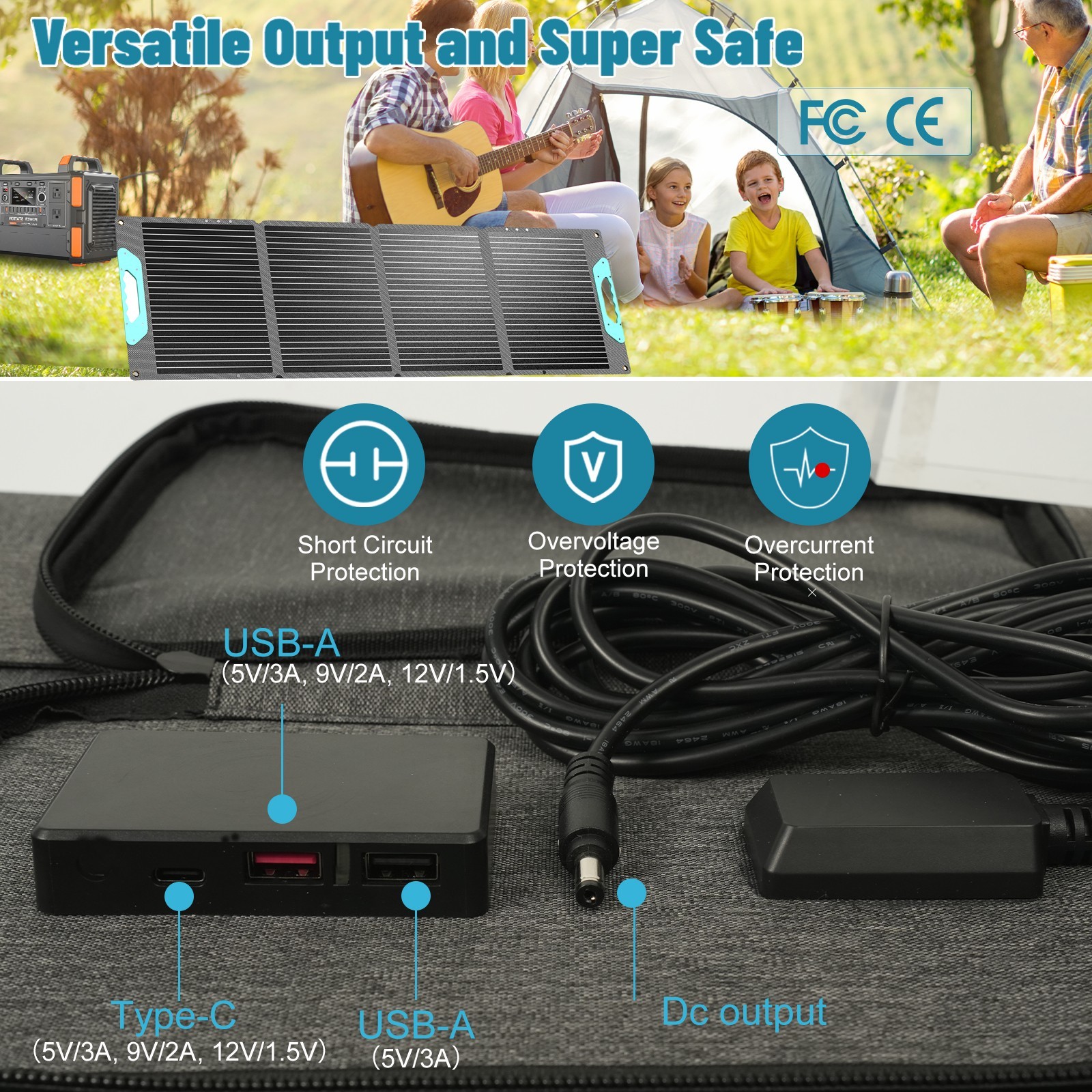 100 watt solar panels waterproof with USB & Type-C Output for Outdoor Camping RV