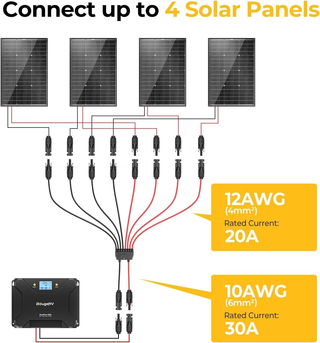 Solar Parallel Connectors 2-4 Panels Waterproof Y Branch 10AWG Adapter Cable