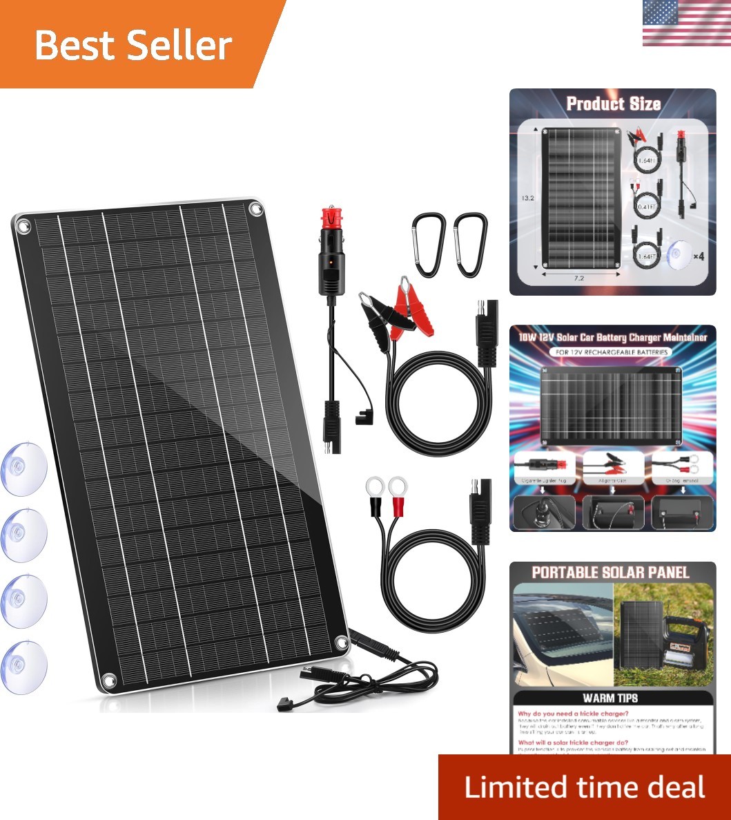 Durable 10W Solar Battery Maintainer with Alligator Clips & Lighter Plug