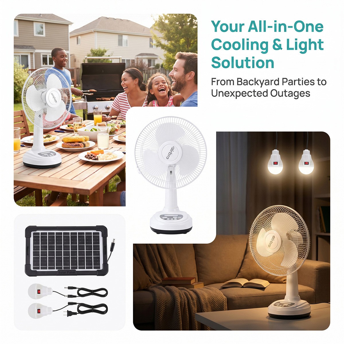 12″ Solar Rechargeable Desk Fan 2-Speed Portable Camping Fan + 2 LED Light Bulbs