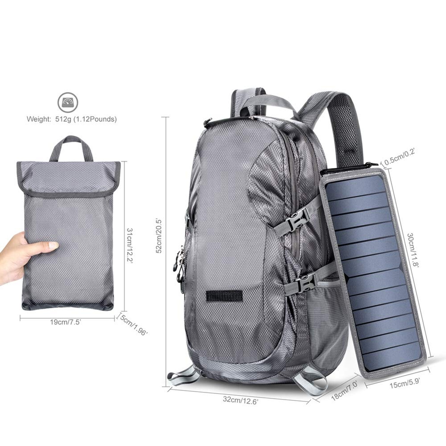 Solar Backpack Foldable Hiking Daypack With 5V Power Supply Grey