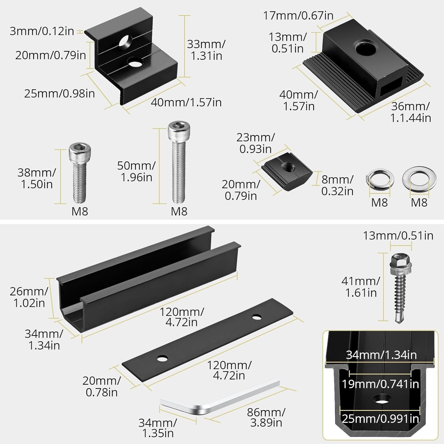 Solar Panel Mounting Brackets, Included 10 X 4.72 in Rails + 4 End Clamps + 6 Ce