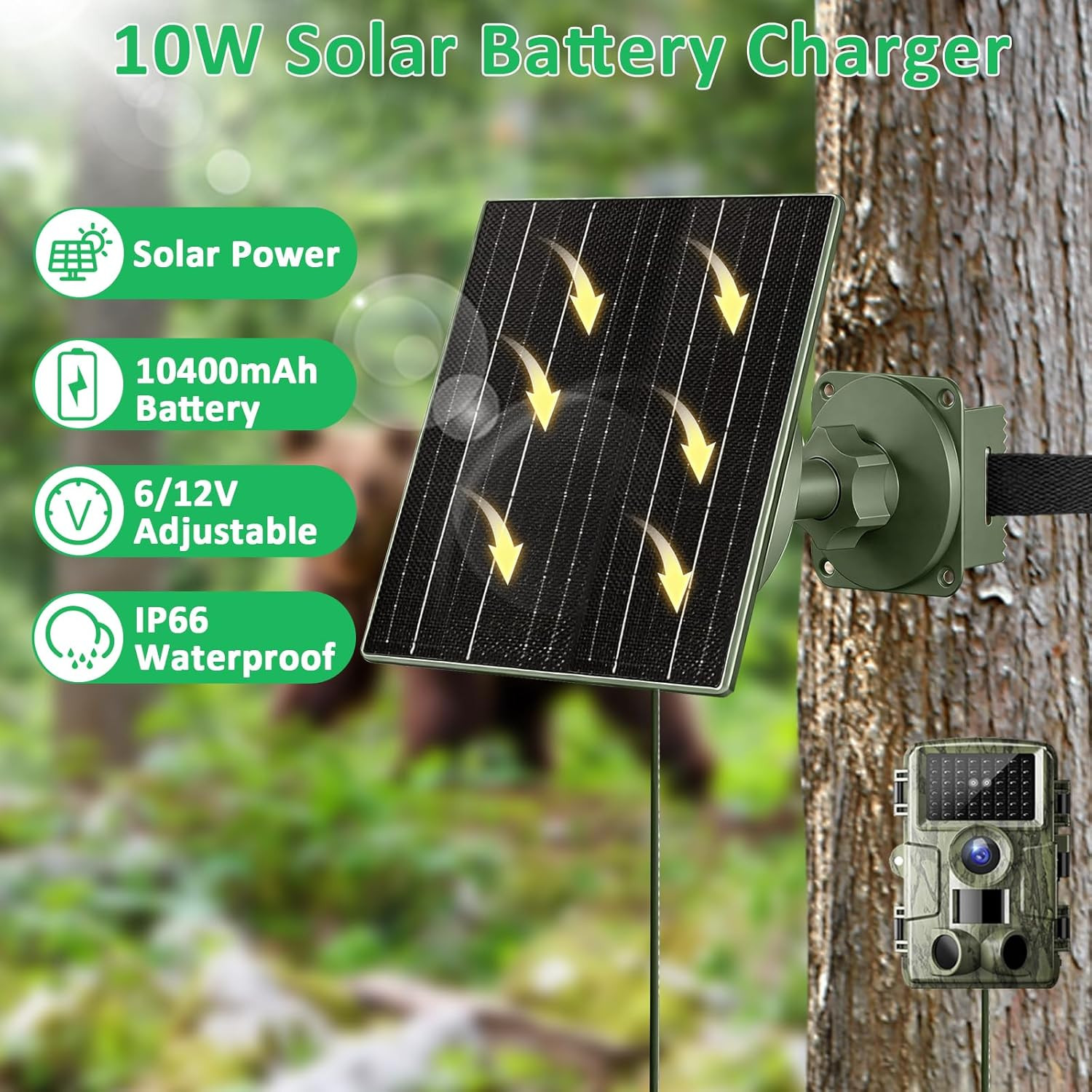 10W Solar Panel for Trail Cameras, DC & USB-C Solar Charger with 10400Mah Batter
