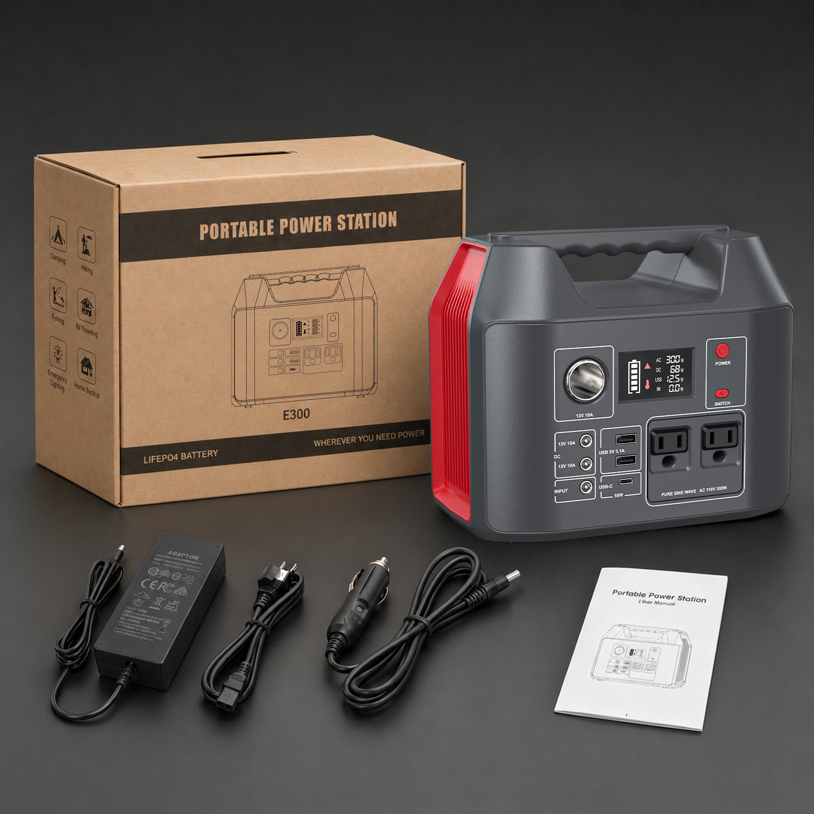 Portable Power Station 300W 80000mAh Battery Bank Camping AC DC Solar Generator