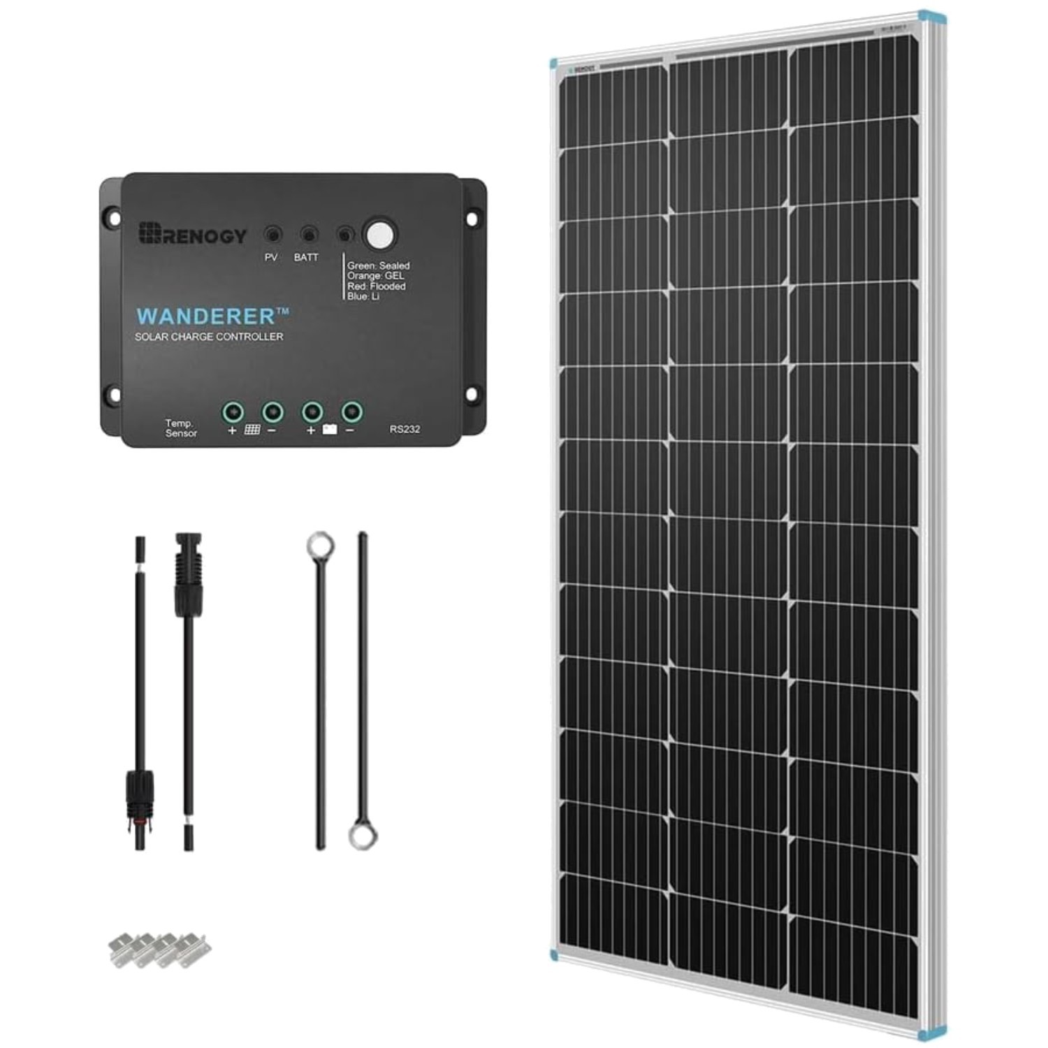 100W Solar Panel Kit, Monocrystalline Panel, 30A Controller