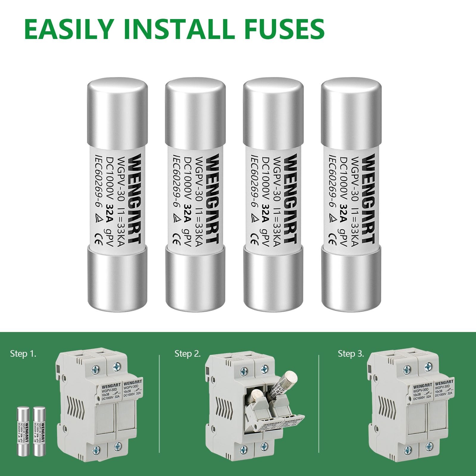 Solar Fuses WGPV-30 DC1000V 32A 10x38mm Fast Photovoltaic 10pcs