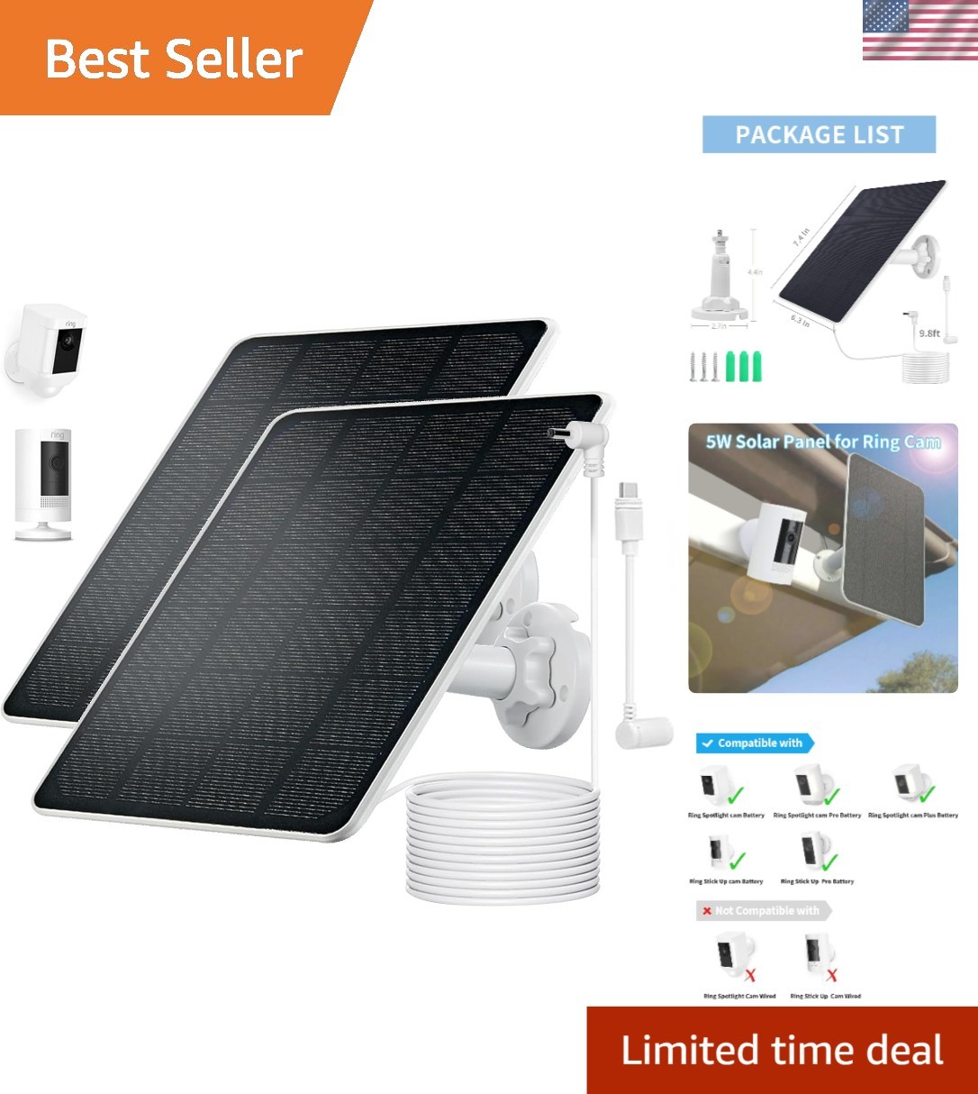 Continuous Power Solution: 5W Solar Panel for Ring Stick Up & Spotlight Cameras