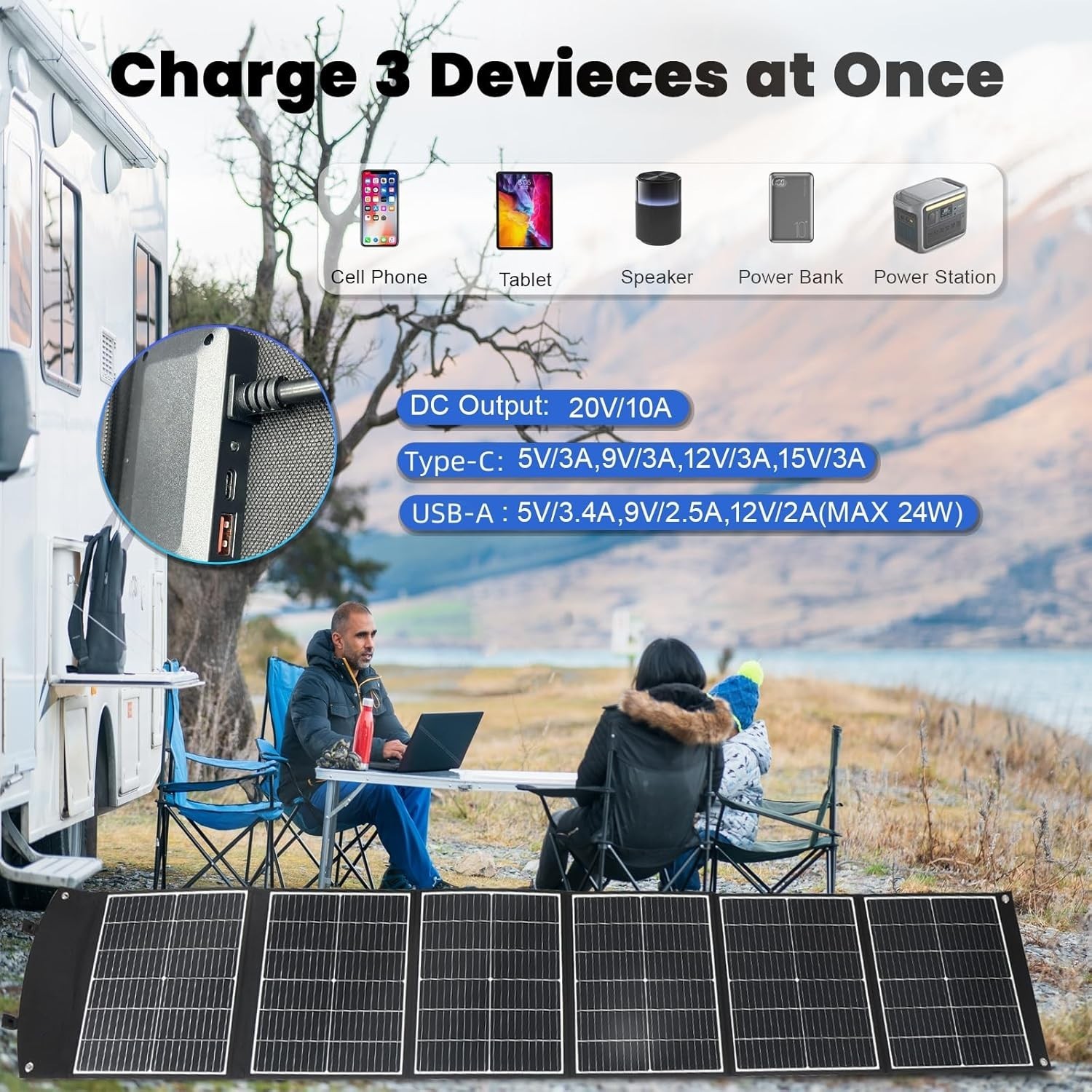 200W Foldable Solar Panel IP65 USB-C for Phone Laptop Charger Power Station