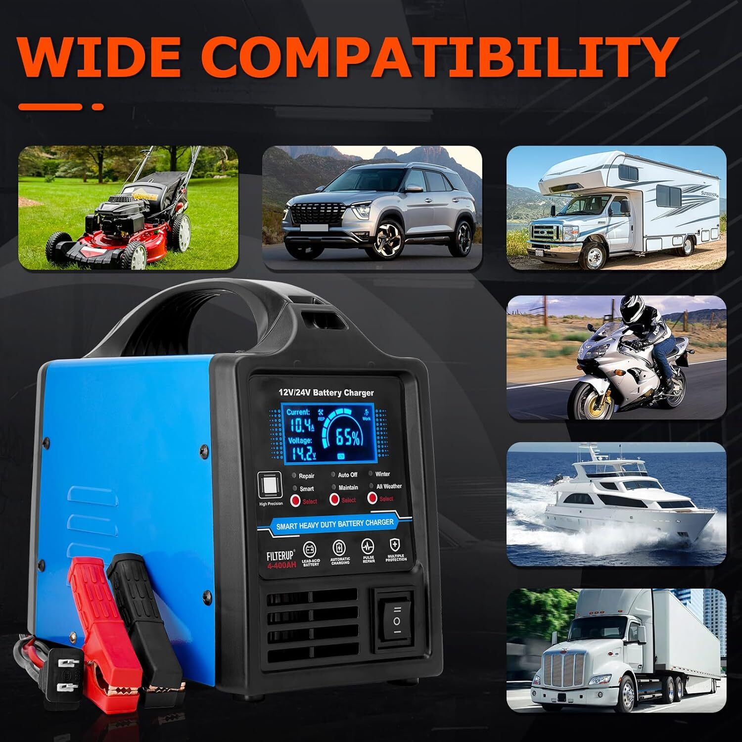 12V 24V Lead-Acid Battery Charger Heavy Duty, 0-15A Smart Automatic Battery